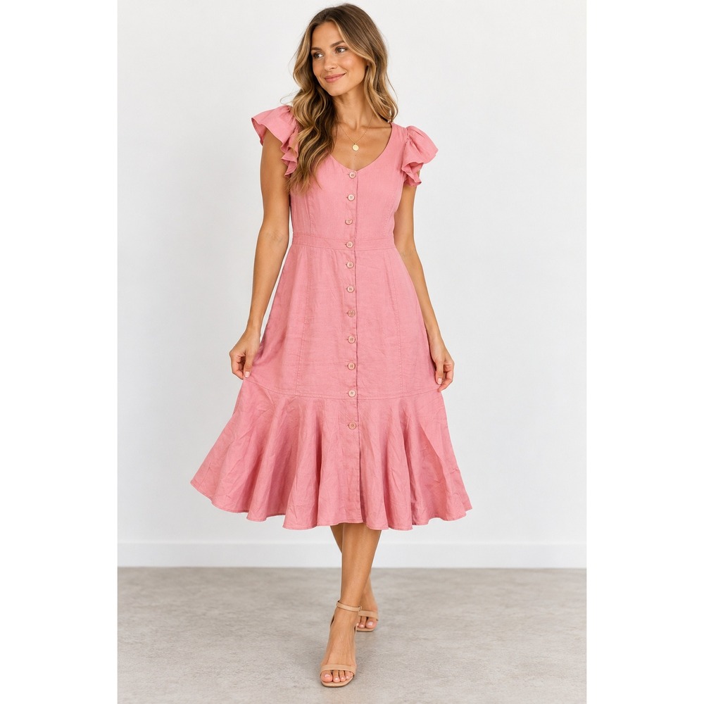 Rachel Parcell Womens Button Down Linen Blend Midi Dress Size XL Pink Coquette